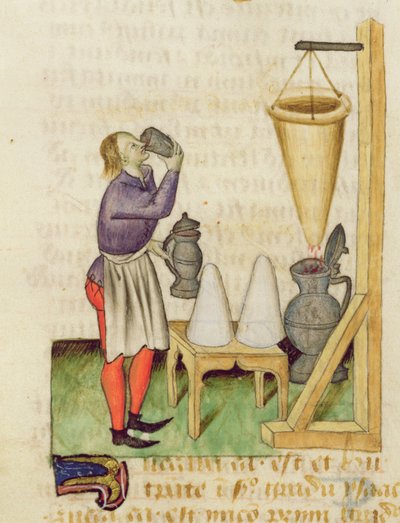 SM. Traktat o ziołach Dioscorides, fol.142r Produkcja alkoholu autorstwa French School