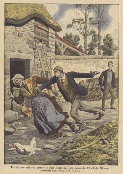 Zabójstwo rolnika przez dwóch młodych ludzi w wieku 17 i 13 lat w Firminy we Francji (kolor lito) autorstwa French School