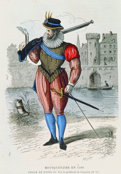 Muszkieter w 1586 r., ilustracja z Costumes de Paris a travers les siecles H. Gourdona de Genouillac, sztych. A. Renard (kolorystyka) autorstwa French School