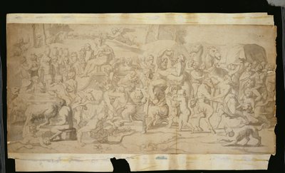 Mitologiczna scena z satyrami (pióro, tusz i tusz na papierze) autorstwa French School