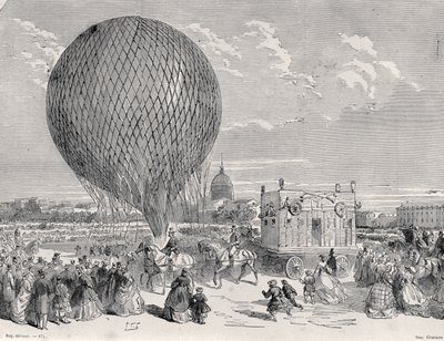 Balon Nadars, Le Géant przygotowywany na Polu Marsowym w Paryżu do pierwszego lotu 4 października 1863, ilustracja z Paryża a Travers Les Siecles: Tom 5, 1889 autorstwa French School