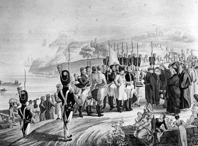 Napoleon (1769-1821) przybywający na wyspę Elba, 1814 autorstwa French School