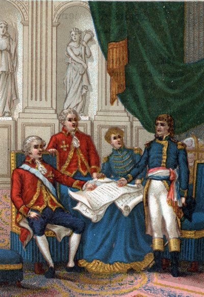 Napoleon Bonaparte w Amiens 25 marca 1802 r. Anglia i Francja podpisały traktat pokojowy kończący drugą europejską koalicję przeciwko Francji. (Pokój w Amiens, 25 marca 1802). autorstwa French School