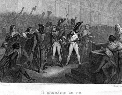 Zamach stanu Napoleona Bonaparte w dniu 18 Brumaire rok VIII (1799) w Sali Rady Pięciu centów (Sala 500) Saint Cloud - w „Rewolucja francuska” Thiersa. 19 wiek autorstwa French School