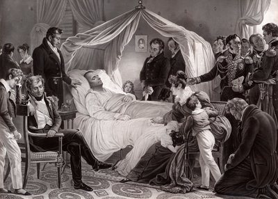 Napoleon I na łożu śmierci na Św. Helenie, 5 maja 1821, według obrazu Charlesa de Steubena autorstwa French School