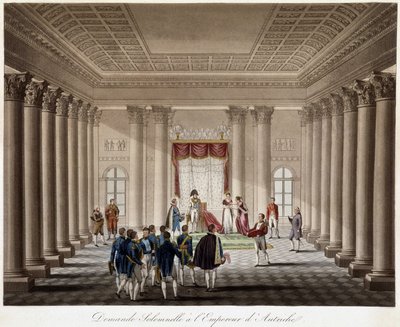 Napoleon prosi Marie Louise o małżeństwo z cesarzem Austrii - w „Historii wojny między Francją a Austrią w 1809 roku”” autorstwa French School