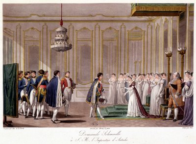 Napoleon prosi Marie Louise o małżeństwo z Imperatorem Austrii - w „”Historyczne podsumowanie wojny między Francją a Austrią w 1809”” autorstwa French School