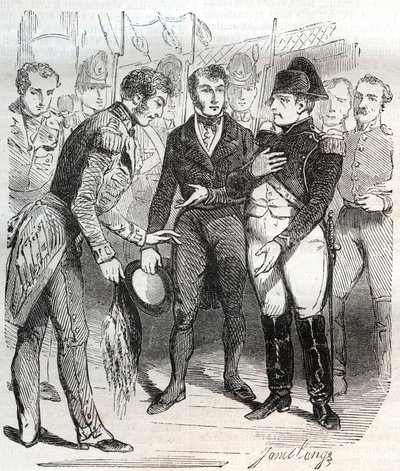 Napoleon zwierza się wierze brytyjskiej - Napoleon Bonaparte wsiadający na brytyjski statek Bellerophon, który zabierze go na zesłanie na St Helene (Święta Helena) 14 lipca 1815 r. - Napoleon Bonaparte wchodzący na pokład brytyjskiego statku Bellerophon, k autorstwa French School