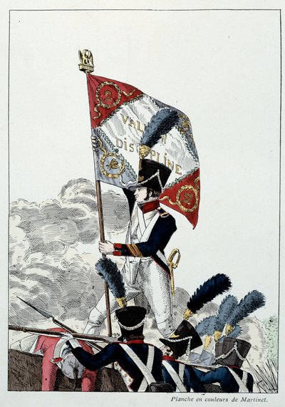 Armia Napoleona: piechota liniowa. Starszy sierżant umieszcza orła na dredze, który został drastycznie zniszczony. Rycina Martineta (XIX w.) 1808. Malmaison, Musee Du Chateau. autorstwa French School