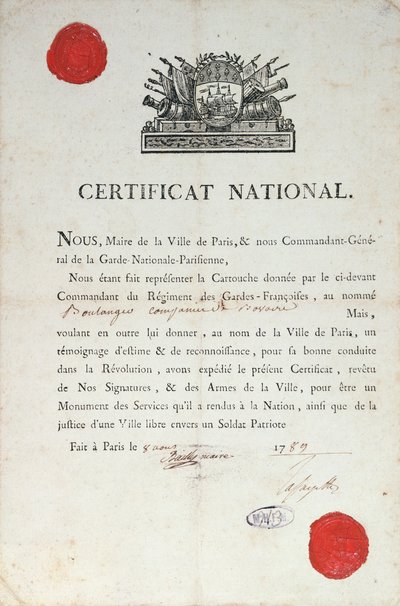Krajowy Certyfikat Dobrego Zachowania podczas Rewolucji Francuskiej, 8 sierpnia 1789 w Paryżu autorstwa French School