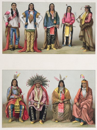 Rdzenni Amerykanie z basenu Mississippi iz Kolorado, ilustracja z Le Costume Historique autorstwa A. Racineta, opublikowana w Paryżu 1888 autorstwa French School
