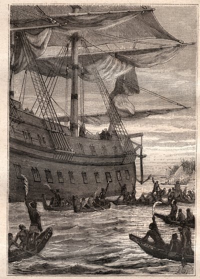 Rdzenni mieszkańcy trzymali w ręku gałęzie bananowców: podróż Samuela Wallisa (1728-1795) do Polinezji - rdzenni mieszkańcy trzymali gałęzie bananów na powitanie - ilustracja zaczerpnięta z „Wielkich żeglarzy XVIII wieku”” autorstwa French School