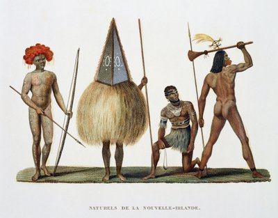 Rdzenni mieszkańcy Nowej Irlandii, z Podróży dookoła świata, straceni przez Zakon Króla na Korwecie Jego Królewskiej Mości, La Coquille w latach 1822, 1823, 1824 i 1825, Louis Isidore Duperrey (1786-18). autorstwa French School