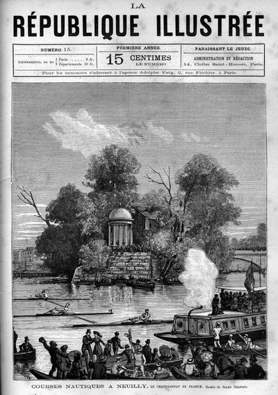 Wyścigi żeglarskie: Mistrzostwa Francji w wioślarstwie organizowane na Sekwanie naprzeciwko Ile de la Grande Jatte w Neuilly. Gazeta. Rycina z 1880 r. w prywatnej kolekcji „La republique illustree”. autorstwa French School
