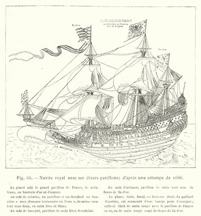 Statek królewski z różnymi flagami; po odbitce z 1666 r. (grawerowanie) autorstwa French School