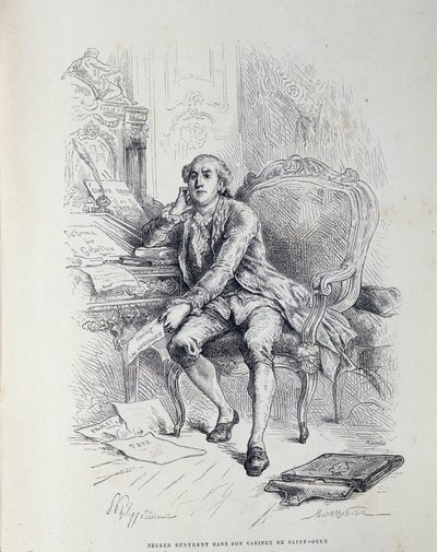 Necker w swoim biurze w Saint-Ouen, w otoczeniu notatek „Reforma Gabelles”, „Podatki”, „Zniesienie ceł” itp. autorstwa French School