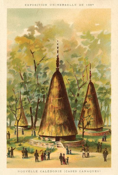 Nowa Kaledonia (chaty Kanak), Exposition Universelle 1889, Paryż (chromolitho) autorstwa French School
