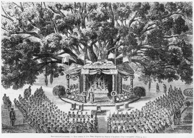 Nowa Kaledonia, odprawianie mszy św. na wyspie Nou, po narysowaniu piórem i tuszem transportowanej ilustracji z biuletynu Les Missions Catholiques, 1875 autorstwa French School