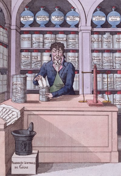 Przychodnia z gazetami pod rządami Napoleona, czyli chemika akademika, karykatura przedstawiająca prasę zmiażdżoną przez Napoleona (kolorowe grawerowanie) autorstwa French School