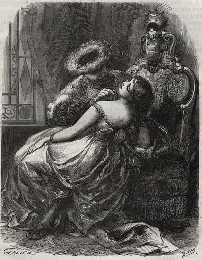 Ładna szyja! Że kat byłby szczęśliwy, gdyby go odciął! Król Anglii Henryk VIII (1491-1547) z żoną Katarzyną Parr (1512-1548). Grawer z 1871 r. w „Histoire Des Cocus Celebres” Henry