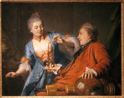 Nicolas Bergeat (1733-1815) i Madame de Maisoncel przeprowadzają eksperyment z fizyki. Malowanie anonimowego remois, olej na płótnie autorstwa French School