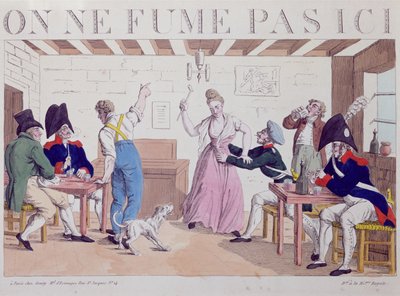 Karykatura zakazu palenia przeciwko obecności wojsk alianckich w Paryżu, 1815 (kolorowe grawerowanie) autorstwa French School
