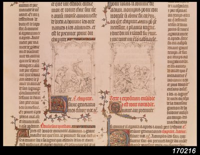 Noe w winnicy i pijaństwo Noego, z Biblii Jeana Sy, c.1355 autorstwa French School