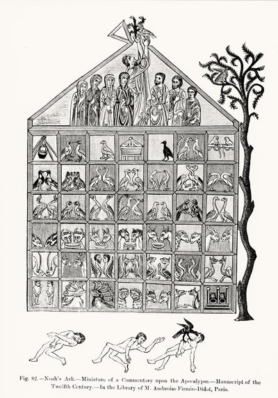Arka Noego, miniatura z Komentarza do Apokalipsy, ilustracja z Nauki i literatury w średniowieczu i renesansie, napisana i rytowana przez Paula Lacroix, 1878 (fot. bw autorstwa French School