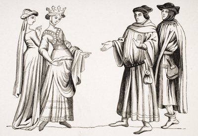 Noble Lady and Maid of Honor and Two Burgesses, według miniatury w „Merveilles du Monde”, z „Le Moyen Age et La Renaissance” Paula Lacroix (1806-84) opublikowanej w 1847 roku autorstwa French School