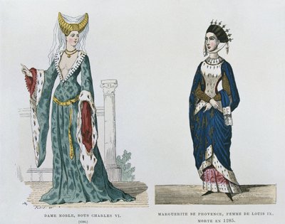 Szlachcianka za panowania Karola VI Małgorzata de Provence, żona Ludwika IX, zmarła w 1285 r., z francuskich strojów cywilnych i wojskowych na przestrzeni wieków autorstwa French School