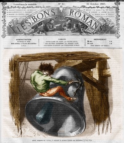 Seria powieści: „Notre Dame de Paris” Victora Hugo (1802-1885). Quasimodo na dzwonnicy. Grawer w „”Les bons romance”” autorstwa French School