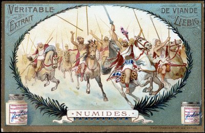 Numidie w Antiquit: Numid gra jeździecka. Chromolitografia Liebiga z końca XIX wieku. autorstwa French School