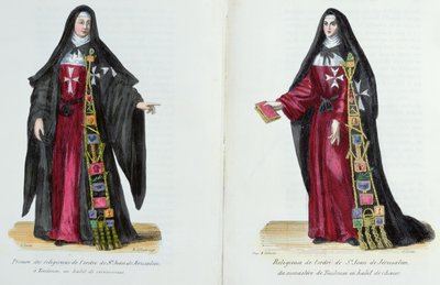 Zakonnice z Zakonu Św. Jana Jerozolimskiego, ilustracja z Historii i strojów zakonów ks. Helyota, 1842 autorstwa French School