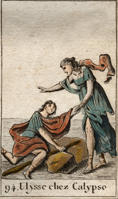 Odyssee of Homere: Ulisses zebrany przez nimfę Kalipso na swojej wyspie. (Odyseja Homera: Odyseusz odkryty przez nimfę Kalipso na swojej wyspie) Z „Mythologie de la jeunesse” Pierre