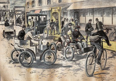 5 października 1899 podsekretarz stanu na poczcie Leon Mougeot (1857-1928) przewodniczył pierwszym testom rowerów i różnych samochodów do podnoszenia poczty w centralnym urzędzie pocztowym XII okręgu Paryża . Grawerowanie w „” Le P autorstwa French School