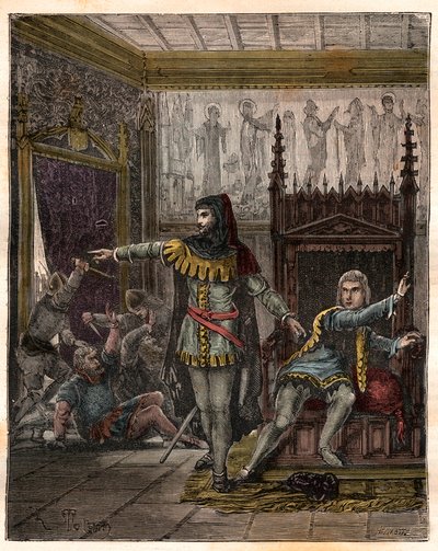 Wojna stuletnia: „”Delfin Karol (wtedy Karol V) (1338-1380) (pierwszy delfin Francji) i Etienne Marcel (132/1310-1358), który zamordował dwóch ministrów (marechaux) Roberta de Clermont i Jeana de Conflans w pokoju francuskiego delfina w autorstwa French School