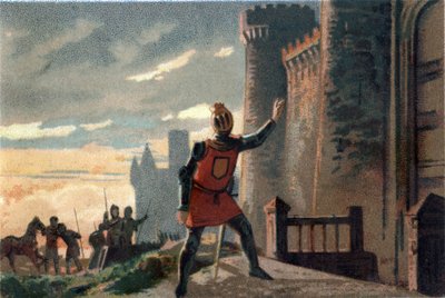 Wojna stuletnia: po klęsce w bitwie pod Crecy król Francji Filip VI Valois (1294-1350) puka do drzwi zamku de Broye, mówiąc: „Otwórz się, to fortuna Francji!” (lub „Otwarte, to nieszczęście król Francji! autorstwa French School