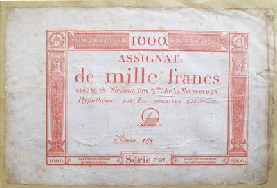 Banknot tysiąc franków, 1795 (tusz na papierze) autorstwa French School