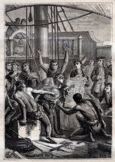Tylko lustro mogło wzbudzić ich zdziwienie: Podróż Samuela Wallisa (1728-1795) w Polinezji - indigenes etonnes przy lustrze - ilustracja zaczerpnięta z „Wielkich marynarzy XVIII wieku” autorstwa French School