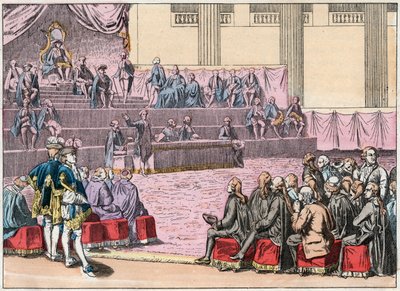 Otwarcie Stanów Generalnych w Wersalu 5 maja 1789 r. zrzeszających Trzy Zakony (Kler, Szlachta i Trzecie Państwo) - Otwarcie Stanów Generalnych, 5 V 1789 - Rycina z końca XIX w. w „”Nr. Gires Nationales autorstwa French School