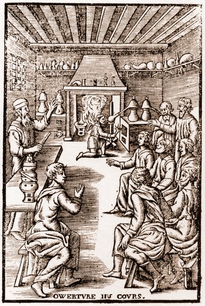Otwarcie kursu chemii transmutacyjnej - rycina 1653 w „” LE VRAY ET METHOD COURSES DE PHYSICS RESOLUTIVE” autorstwa Annibala Barleta autorstwa French School