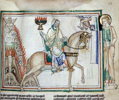 Otwarcie czwartej pieczęci: Śmierć na zielonym koniu. Miniatura zaczerpnięta z „Apokalipsy Cambrai”” oświetlonej przez Szkołę Francuską XIII wieku. Pani 422. Biblioteka Miejska, Cambrai autorstwa French School