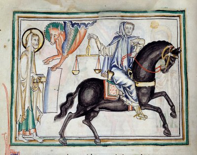 Otwarcie trzeciej pieczęci: rycerz na czarnym koniu z łuską symbolizującą nędzę i głód”” Miniatura zaczerpnięta z „Apokalipsy Cambrai”” ogłoszonej przez Szkołę Francuską XIII wieku. Pani 422. Biblioteka Miejska, Cambrai autorstwa French School