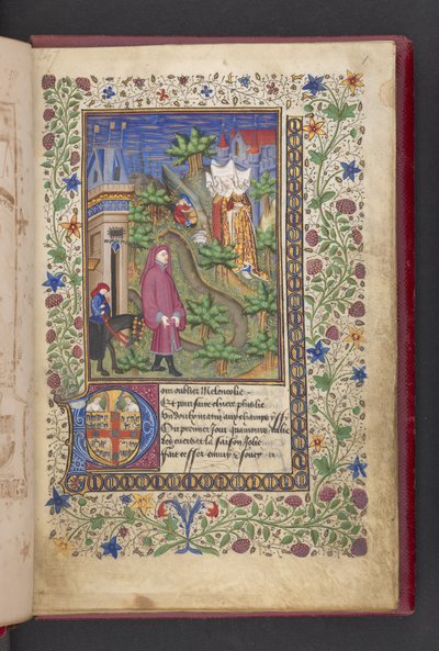 Strona otwierająca. Dżentelmen w krajobrazie, a za nim inny dosiadający konia, z trzema damami.  Le livre des quatre dames; par Alaina Chartiera. Le livre des quatre damy; par Alaina Chartiera.  Chartier, Alain, nieokreślony, sekretarz Karola V autorstwa French School