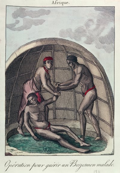 Operacja uzdrowienia chorego Buszmana, 1811 (kolorowe grawerowanie) autorstwa French School