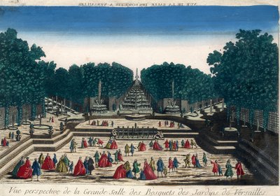 Widok optyczny: Widok perspektywiczny dużej sali gajów ogrodów Wersalu. Rycina z XVIII wieku. autorstwa French School