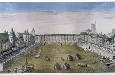 Optyczny widok Paryża: Le Pont au change. sd. v. 1800, miasto Paryż. autorstwa French School