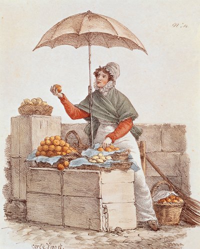 Sprzedawca pomarańczowy, druk, Francja autorstwa French School