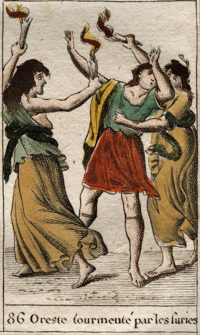 Orestes ścigany przez Erinyes (lub Furie) za zemstę śmierci swojego ojca Agamemnona poprzez zabicie jego matki Klitajmestry). Z „Mitologii młodości” Pierre