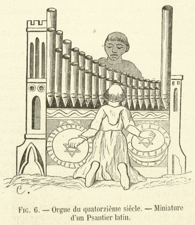 Organy z XIV w. Miniatura psałterza łacińskiego (rycina) autorstwa French School